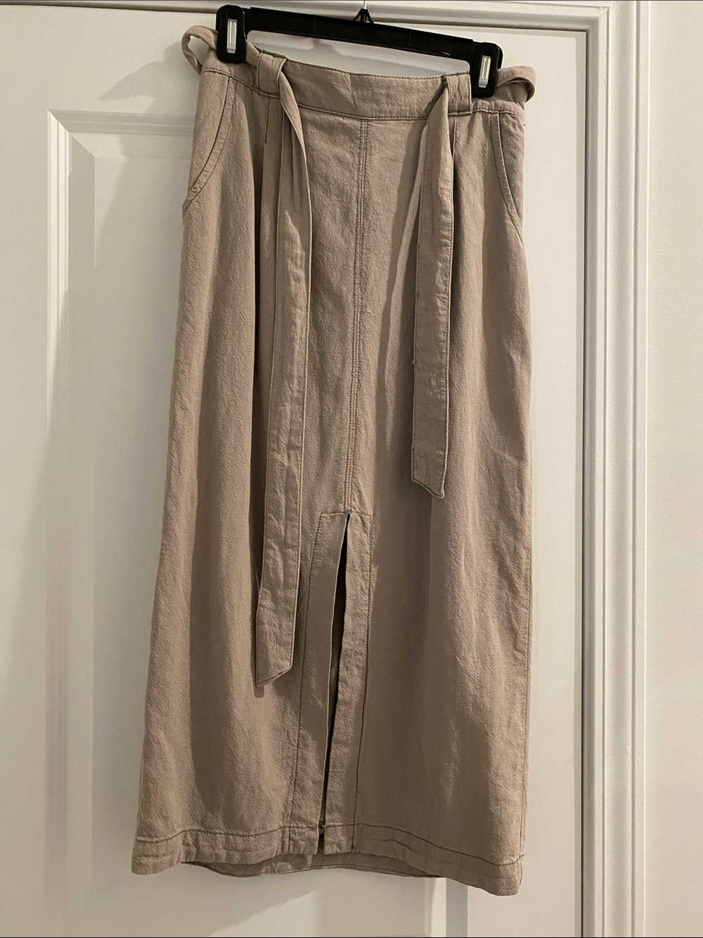 Free People Taupe Midi Skirt with Front Slit and Tie Waist